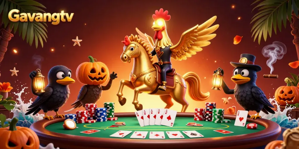 Experience thrilling casino action with Gavangtv's golden rooster character amid vibrant gaming elements.