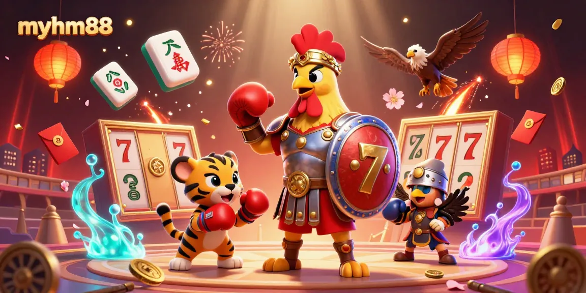 myhm88 showcases immersive gameplay with a colorful colosseum scene, gladiator rooster, and epic elements.