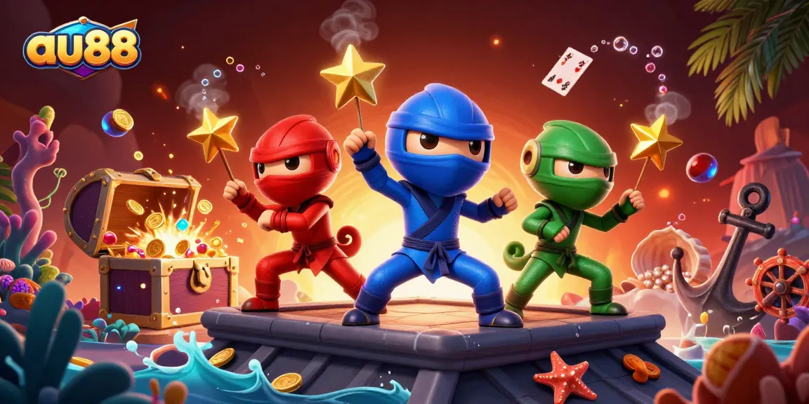 Experience thrilling casino action with au88 featuring a dynamic chameleon ninja team amidst rich treasure and game elements.