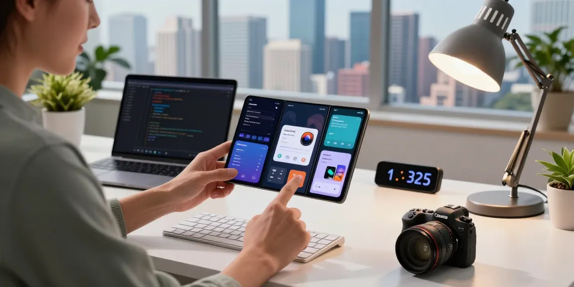 User exploring the tri-fold phone's features in a modern workspace with dynamic city views.