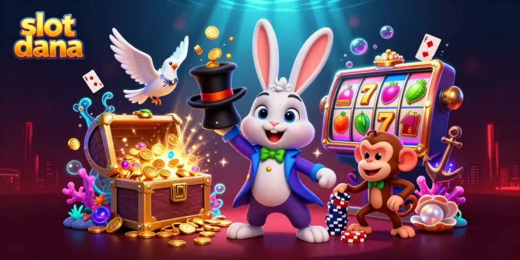Slot dana menggunakan mesin slot, menarik koin emas dan karakter kasino yang berwarna-warni.