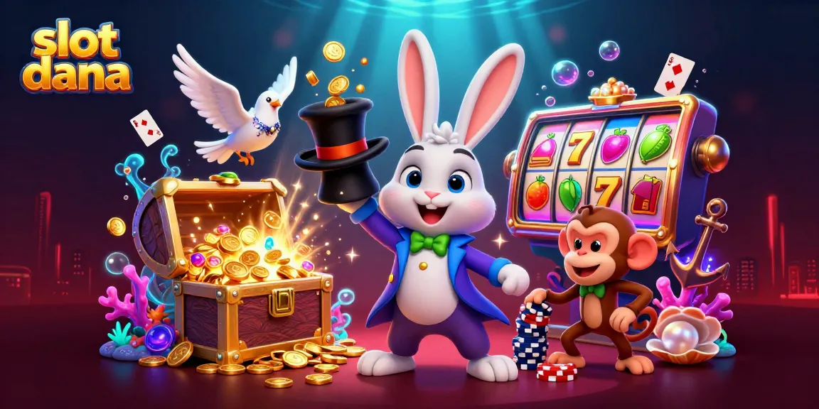 Slot dana menggunakan mesin slot, menarik koin emas dan karakter kasino yang berwarna-warni.