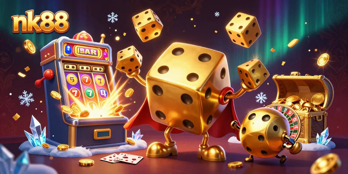 nk88 players engaging with a dynamic 3D casino illustration showcasing vibrant slot machines, golden dice, and more.