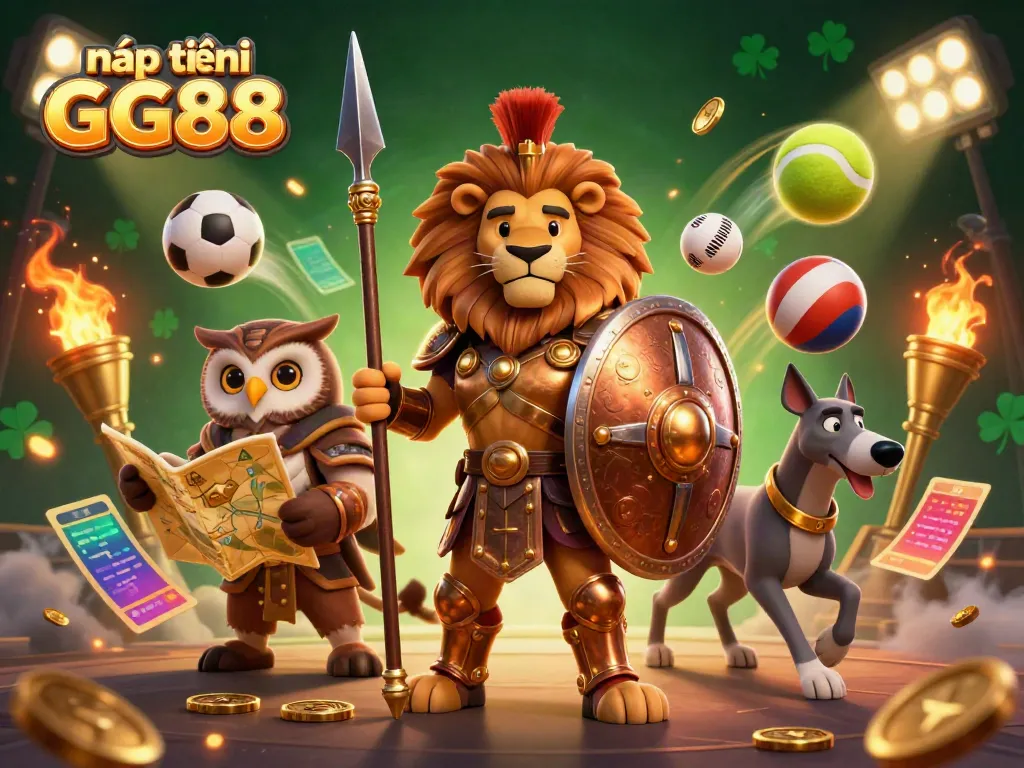 Engage in dynamic gameplay nạp tiền GG88 while surrounded by a Spartan lion, owl strategist, and golden sports elements.