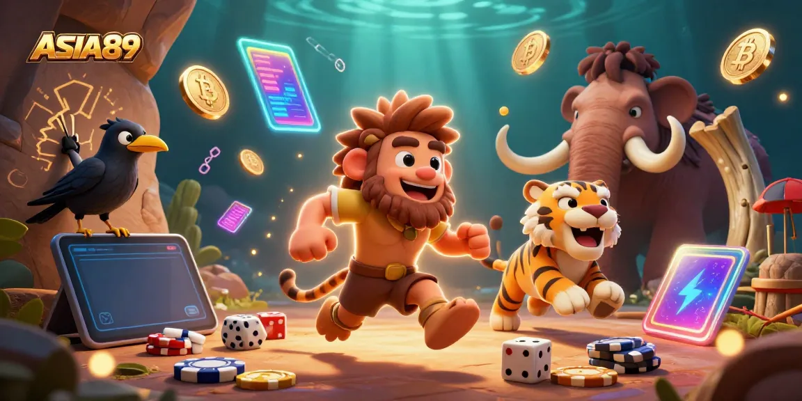 Experience thrilling gameplay at ASIA89 with our unique prehistoric casino illustration, featuring iconic characters and crypto elements.