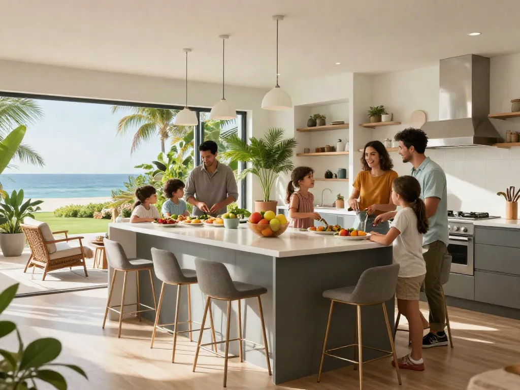 Coconut Grove remodeling scene with a family preparing a meal in a modern kitchen, showcasing contemporary design and inviting atmosphere.