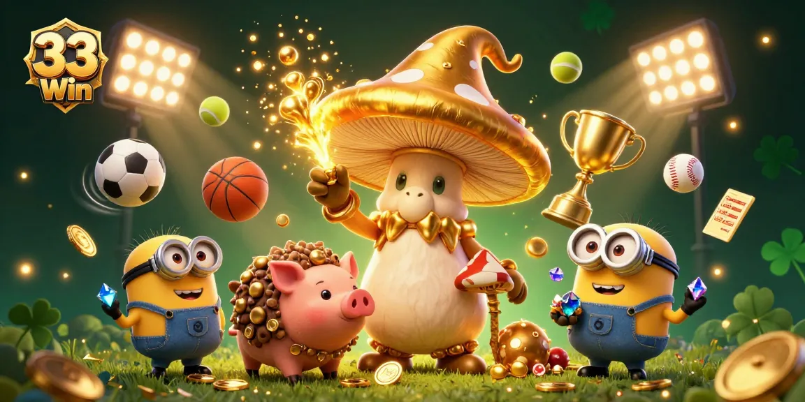 Experience the thrill of 33 Win with golden sports elements and magical characters in this vibrant illustration.