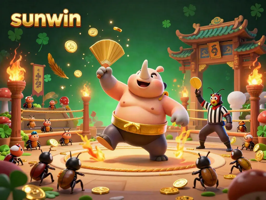 Experience thrilling gameplay at sunwin with a sumo beetle champion, golden coins flying in a vibrant arena.