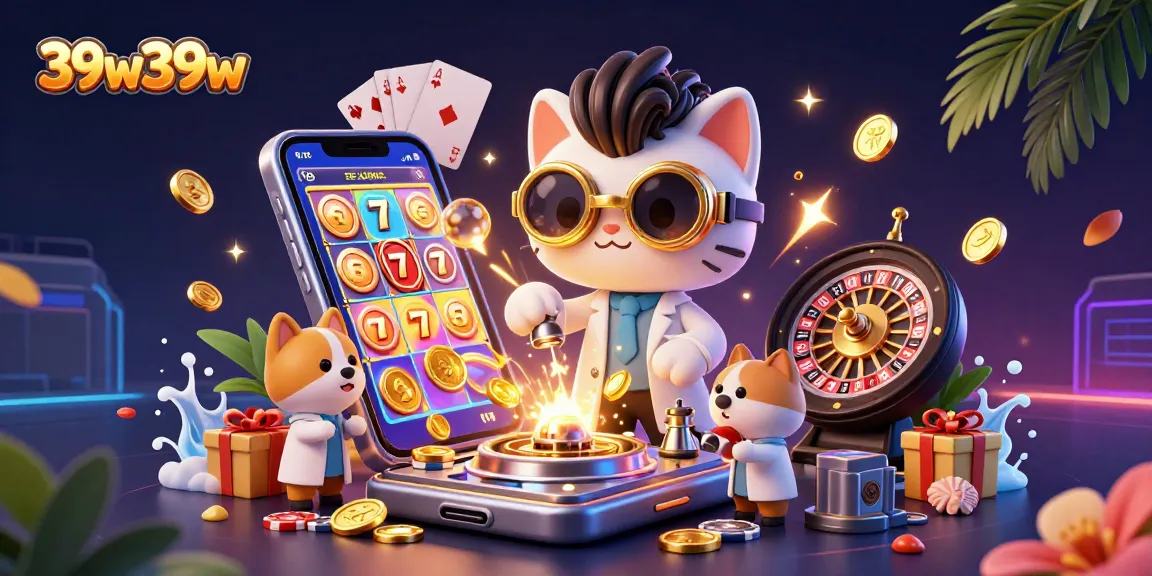 39w39w showcases a lively scene with a mad scientist cat and assistant creating coins amidst slot games and roulette.