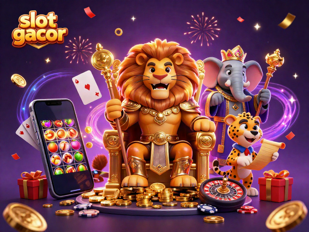 Experience the thrill of slot gacor with a spirited lion king amid festive casino elements.