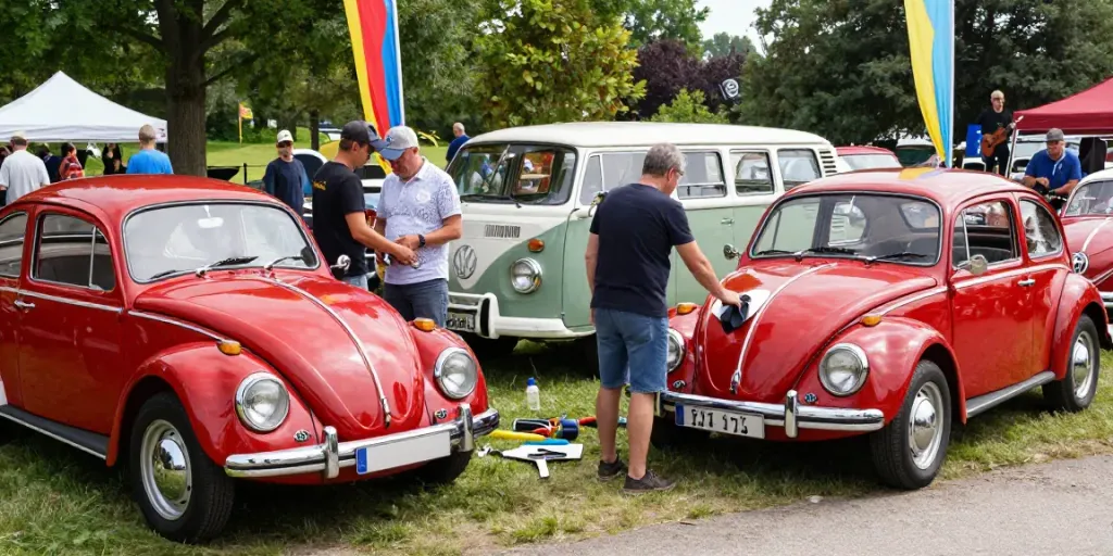 Engaged automotive enthusiasts exploring classic Volkswagen air-cooled vehicles at a vibrant outdoor car show, highlighting http://www.aircooledapps.com.