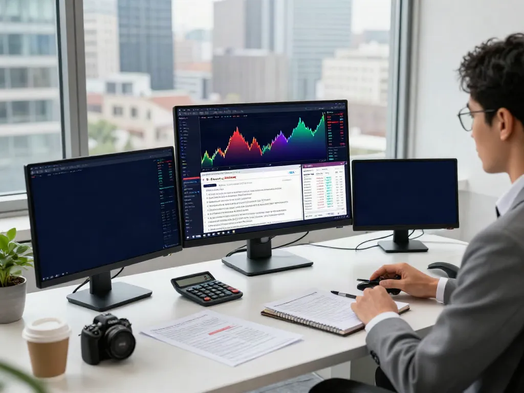 Dynamic finance workspace featuring FintechZoom.com market analysis on screens, with a city skyline backdrop and financial reports.