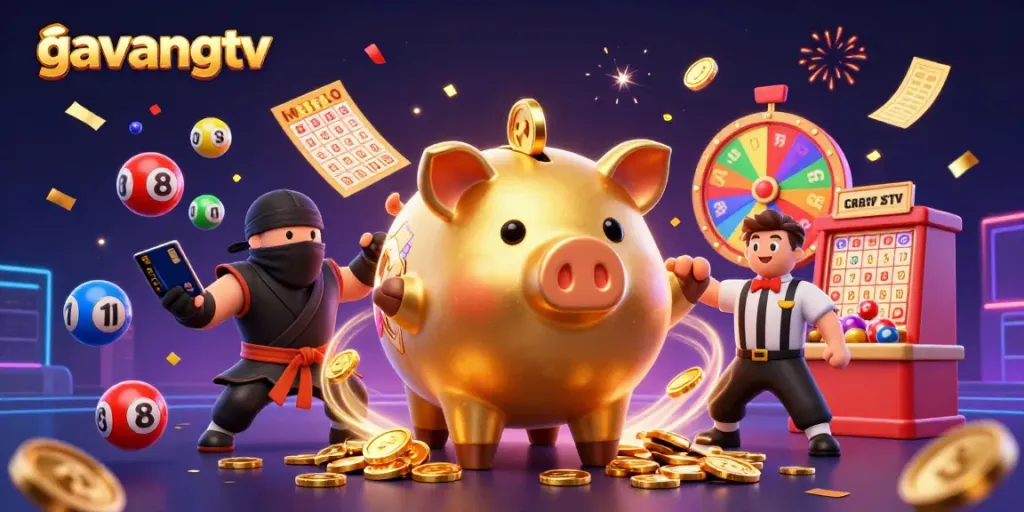 Experience the excitement of gavangtv with a vibrant casino-themed illustration full of game elements.