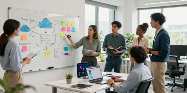 Team collaborating on azure managed services in a modern office environment