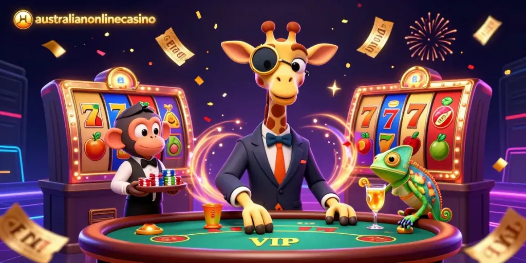 High-roller giraffe plays poker amidst vibrant slot features at australianonlinecasino.