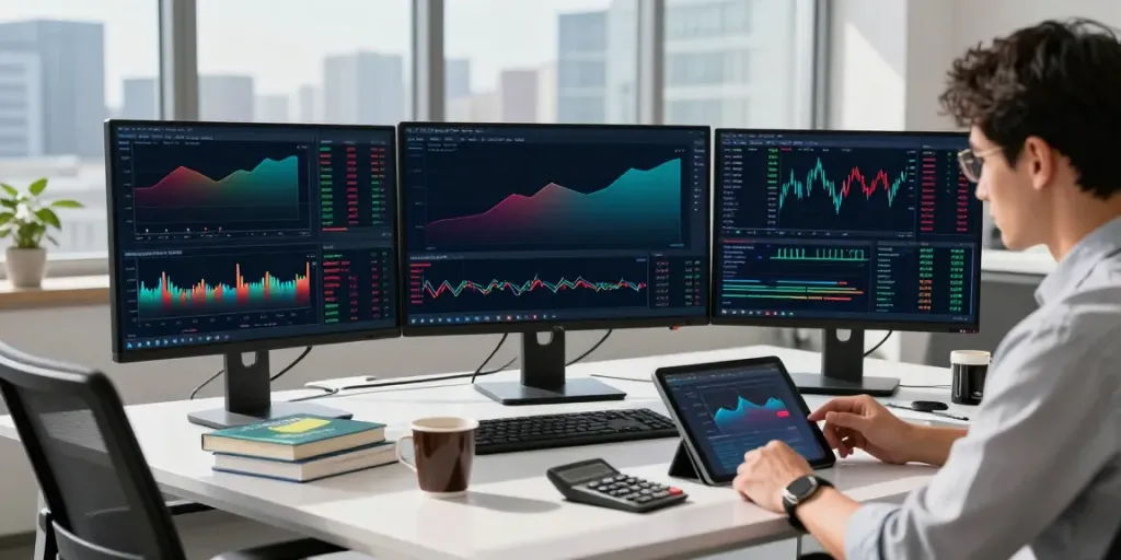 Traders using TradingView platform at a modern workspace, analyzing market data on multiple screens.