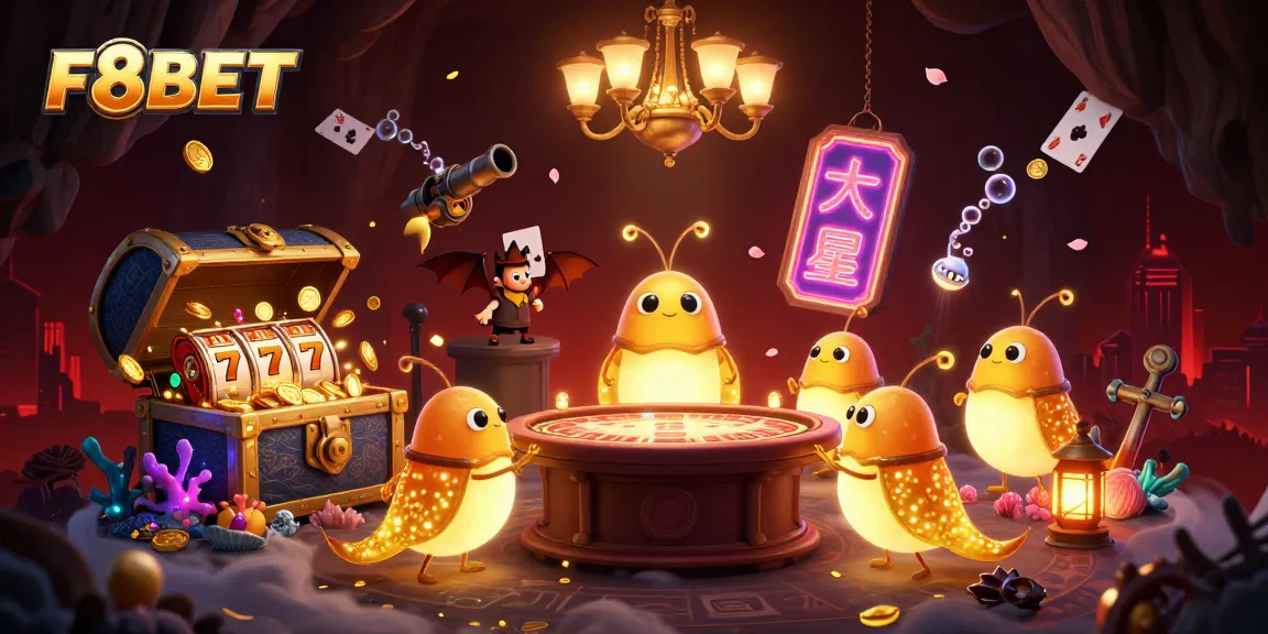 F8BET casino illuminated by glowworms creates an enchanting gaming atmosphere with vibrant slots and immersive details.