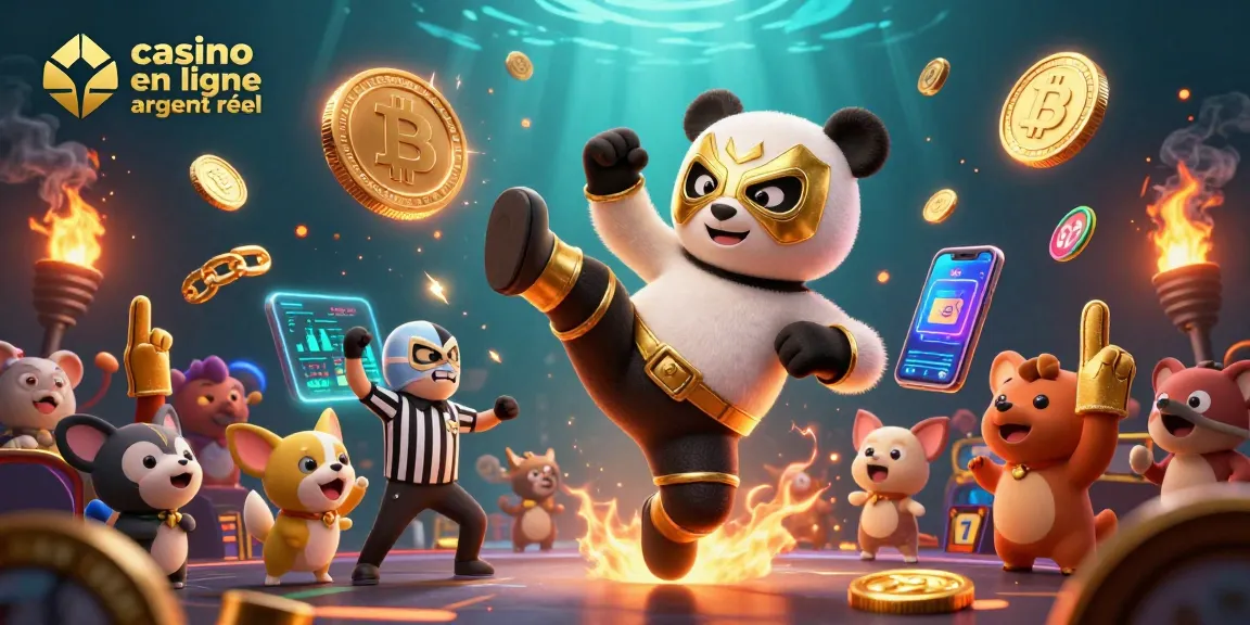 Jouez au casino en ligne argent réel avec une illustration animée captivante mettant en avant un panda lutteur en plein vol.
