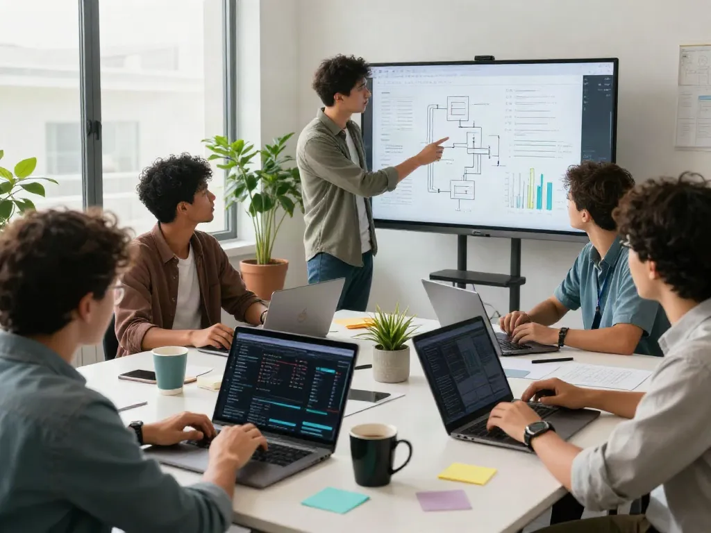 AI team collaborating to find AI datasets in a modern workspace.