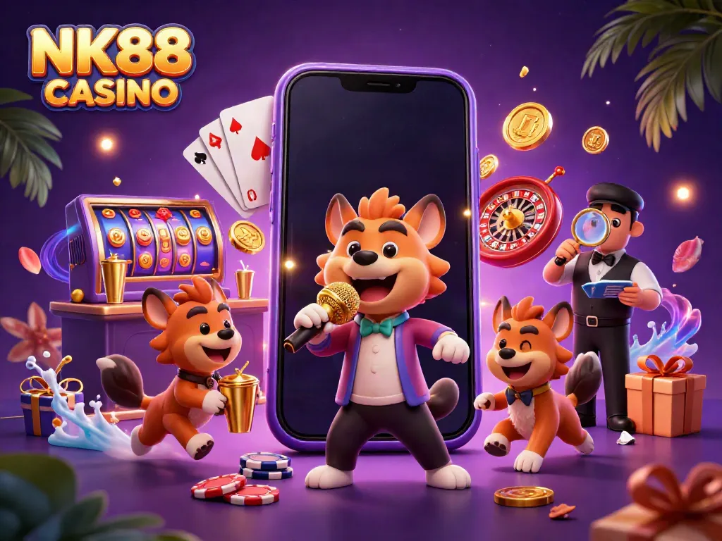Experience excitement at NK88 CASINO with hyena characters in a vibrant, comedy-filled casino scene.