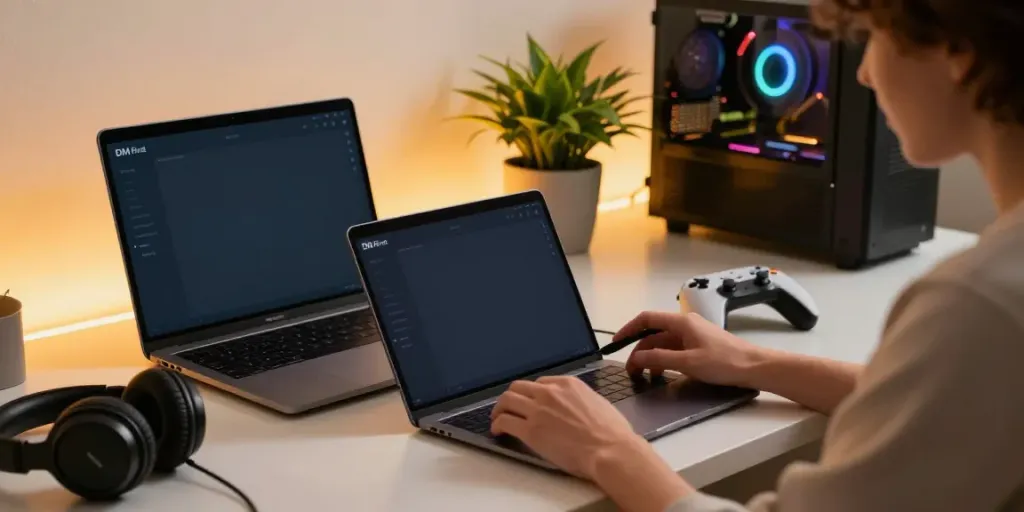 User engaged in DM First Register process on smartphone, with gaming accessories on a stylish desk.