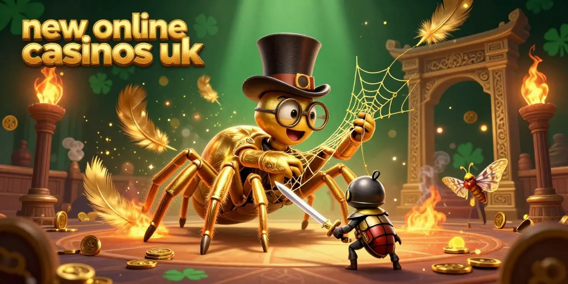 Engage with new online casinos uk featuring a golden tarantula and beetle knight in a vibrant 3D casino setting.
