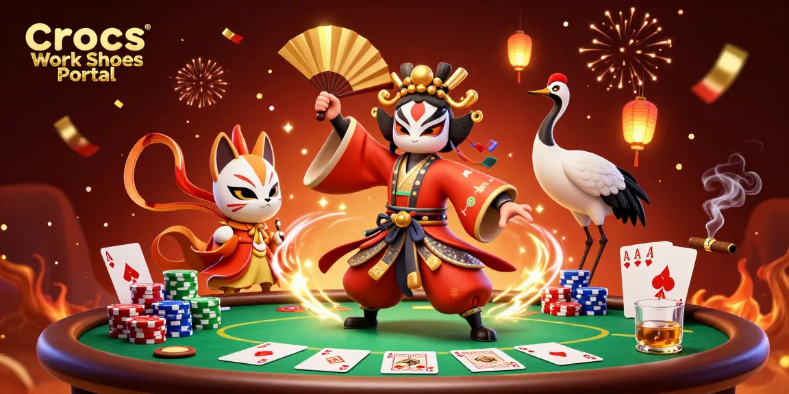 Crocs Work Shoes Portal showcases an energetic poker scene with 3D characters and winning elements.