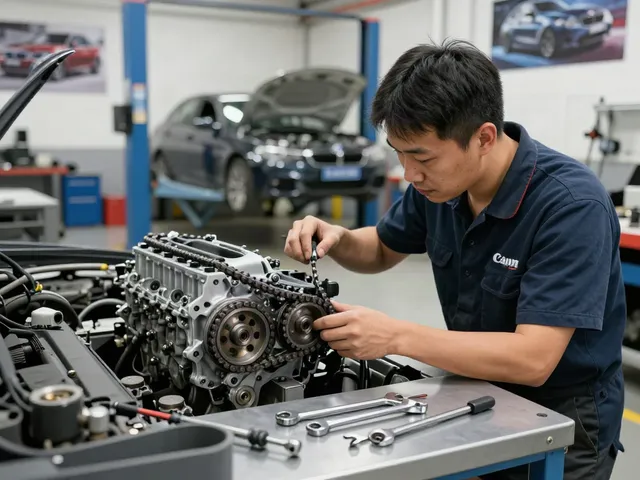 Mechaniker bei der Inspektion der Steuerkette eines BMWs, umgeben von Werkzeugen und einer Werkstattatmosphäre.