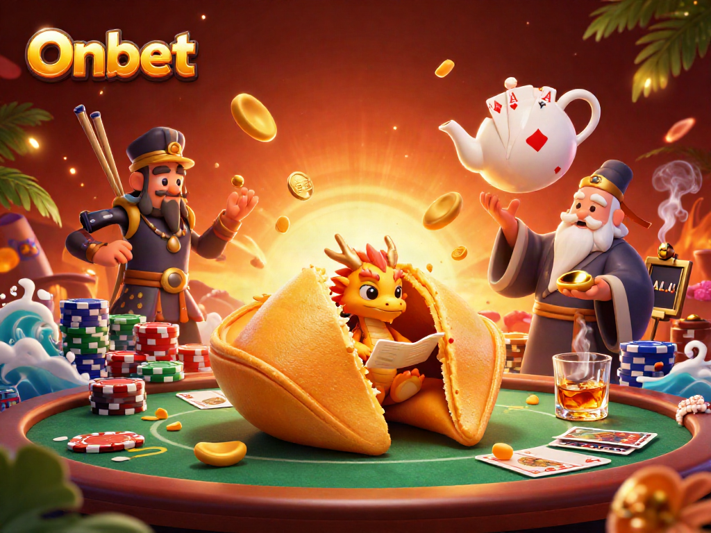 Experience Onbet's vibrant casino scene with a golden cookie, dragon, and poker elements.