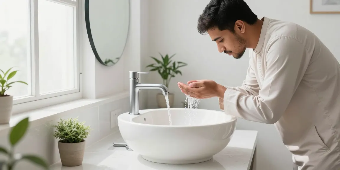 Wudu basin in a bright modern bathroom, highlighting its functional design during ablution.