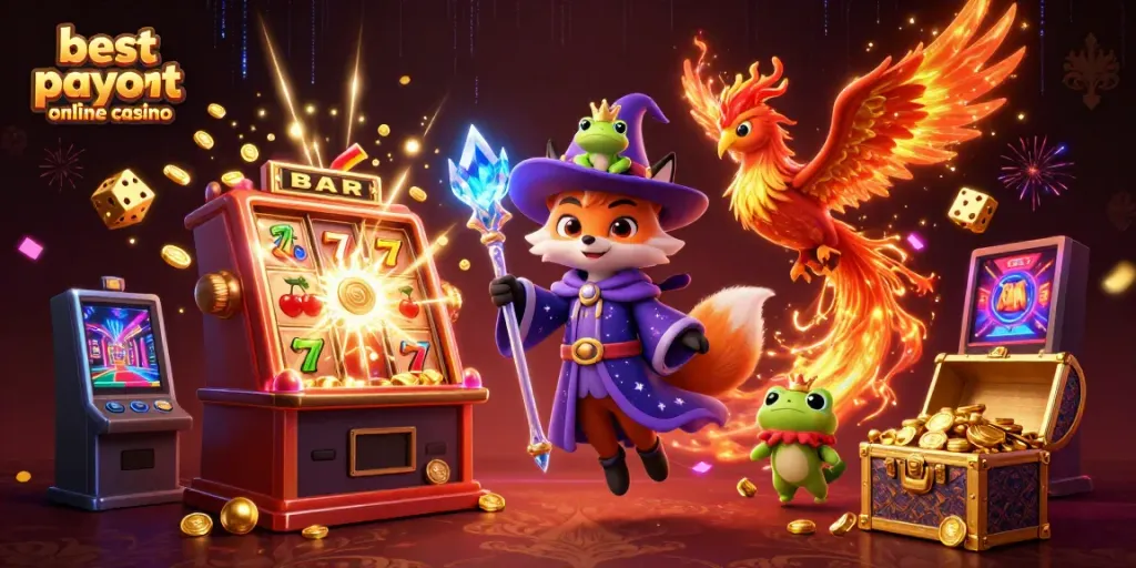 Experience gaming excitement at the best payout online casino, featuring a magical wizard and phoenix with vibrant casino elements.