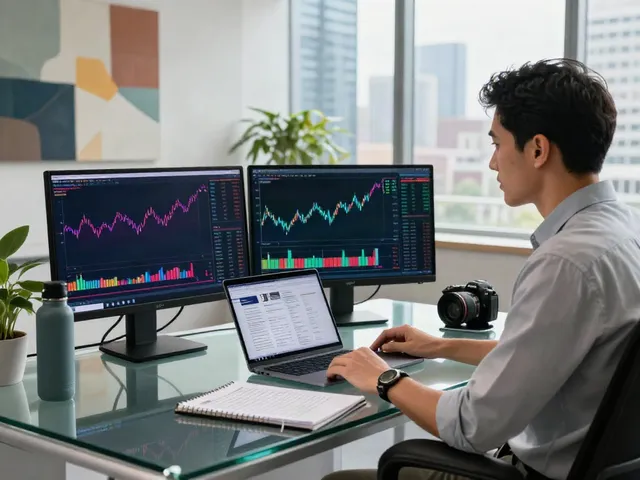 Engaging scene of a financial analyst reviewing data on FintechZoom.com in a modern studio.