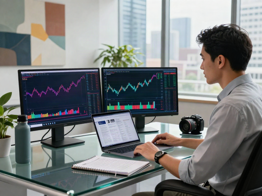 Engaging scene of a financial analyst reviewing data on FintechZoom.com in a modern studio.