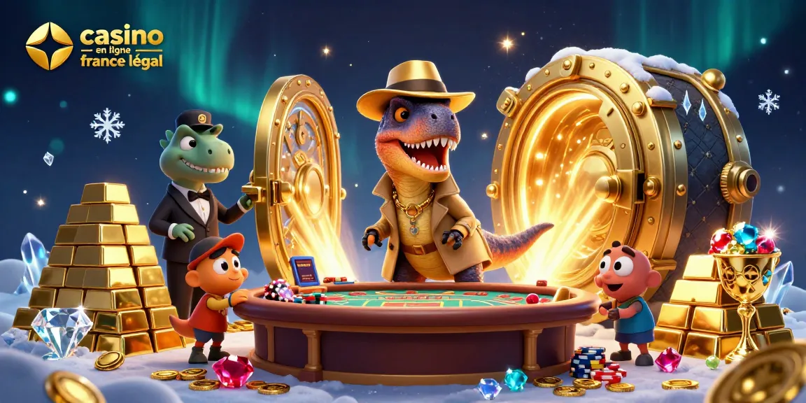 Des personnages de casino en ligne france légal avec un velociraptor trompant au blackjack, plein de trésors et de lumière.