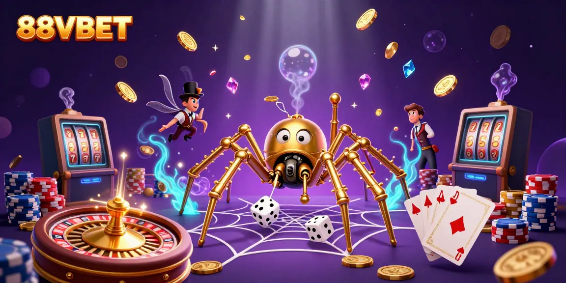 88VBET enhances winning strategies with a steampunk spider, golden chains, and vibrant casino elements.