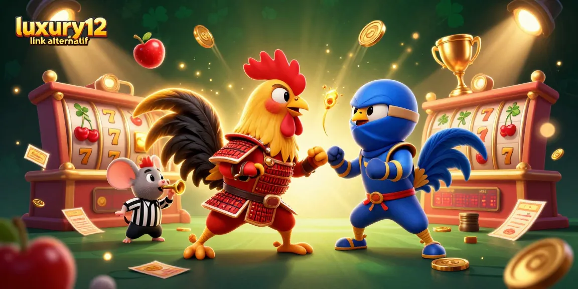 Engage with the luxury12 link alternatif in a dynamic 3D fighting rooster casino scene filled with vibrant gaming elements.