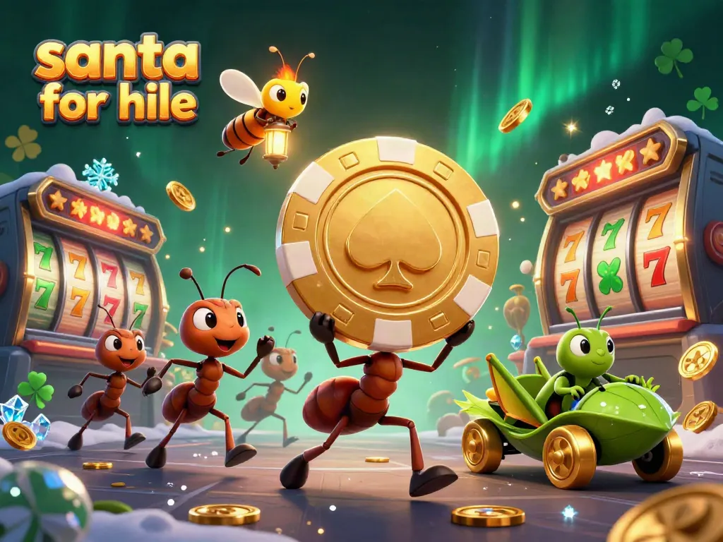 Dynamic heist scene of ants triumphantly carrying a gold poker chip, capturing the essence of santa for hire in a casino context.