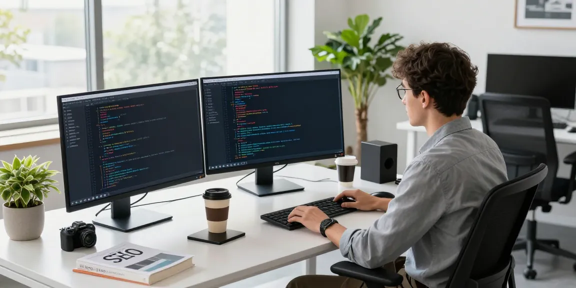 Workspace showcasing instant indexing in web development with coding screens and tech gadgets.