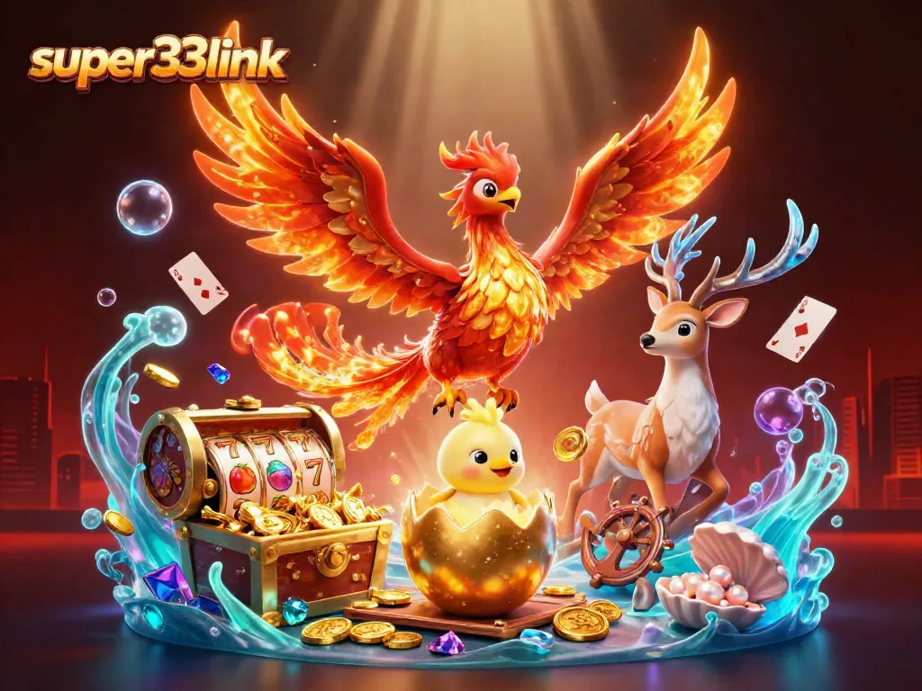 Engage with super33link featuring a phoenix and mystical stag in a casino-themed scene.