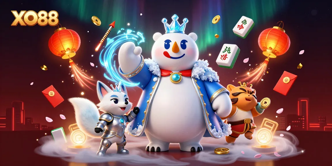 Experience excitement with XO88, featuring an ice king and a snow fox amid vibrant casino elements.