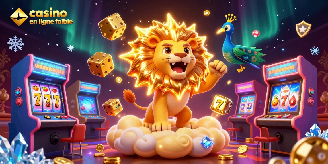 Jouez dans un casino en ligne fiable grâce à cette illustration colorée et dynamique avec des machines à sous et un lion majestueux.