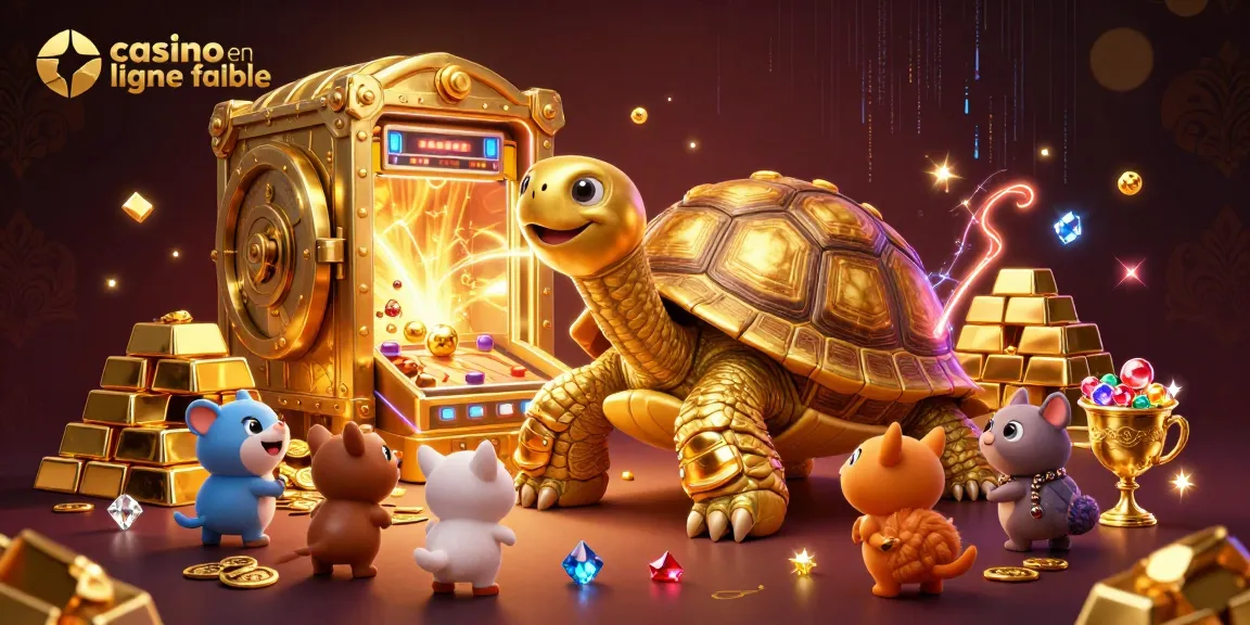 Illustration dynamique de casino en ligne fiable avec tortue en or, trésor et personnages enthousiastes.