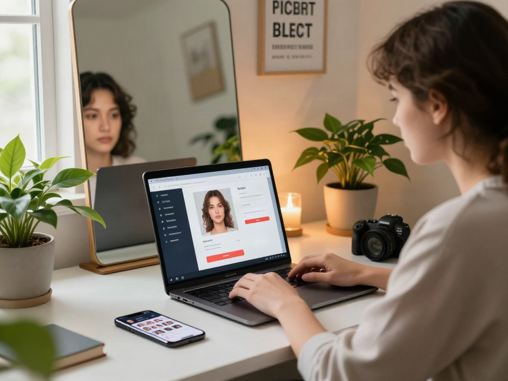Interactive attractiveness test scene with user uploading a photo to rate their beauty.