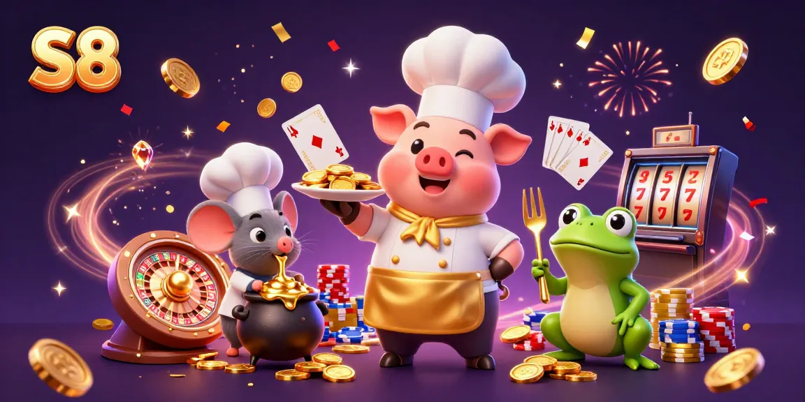 S8 casino illustration with a chef pig, sous-chef mouse, and frog, celebrating with gold coins and casino elements