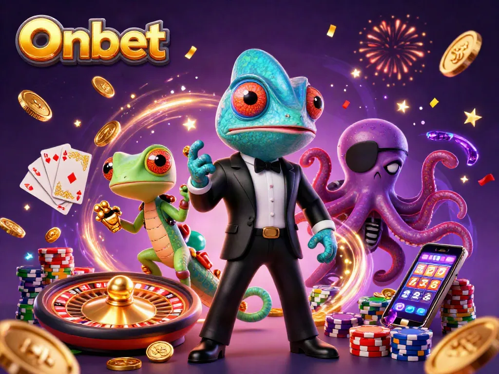 Engage with Onbet through a vibrant 3D casino scene featuring animated characters and dynamic game elements.