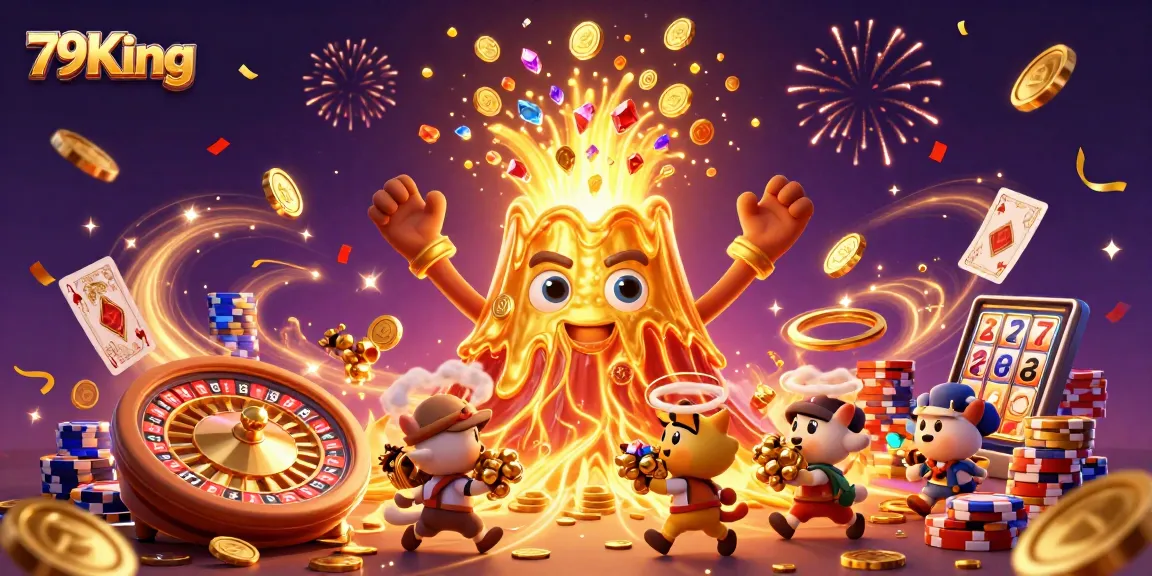 Experience fun with 79King's interactive casino games featuring a golden volcano erupting treasure.