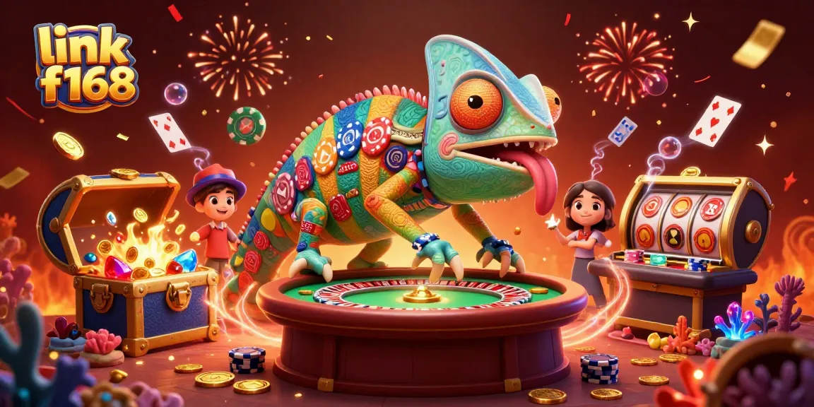 Experience the excitement of link f168 with vibrant gaming scenes featuring chameleon casino owner and glittering treasures.