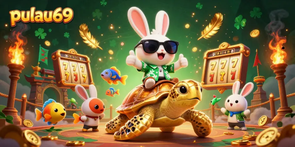 Engage with pulau69's vibrant gaming scene featuring a lucky rabbit and golden turtle amidst dynamic slot elements.
