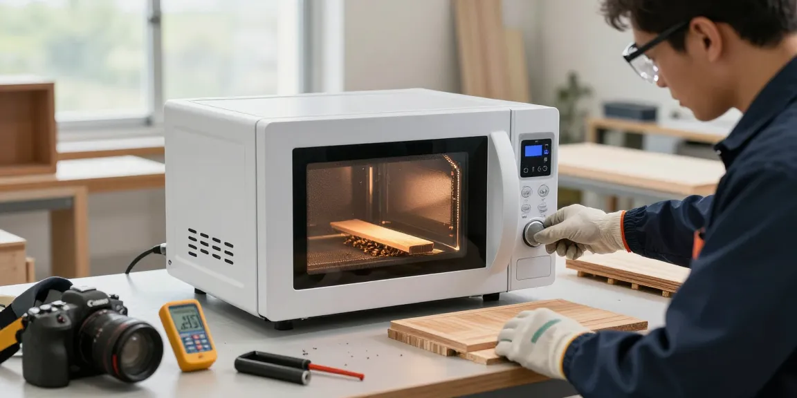Shashel microwave device effectively eliminating wood-boring insects in a modern workshop.
