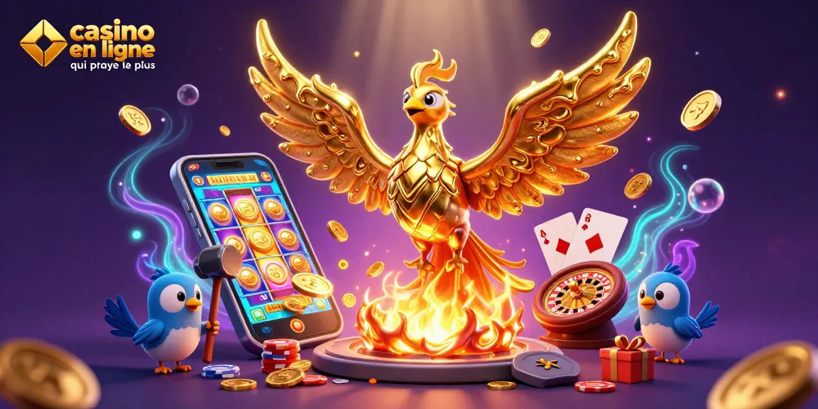 Célébrez les gains avec le casino en ligne qui paye le plus, illustré par un phoenix doré et des jeux animés.